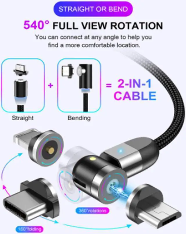 Alt view image 4 of 5 - 2020 New Design 360°/180° Rotation Fast Charging Magnetic Quick Charger Cable For IOS 6 8 X XS 11Type-c Micro USB USB-C 1M 2M