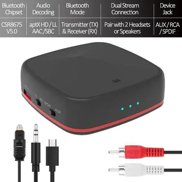 Alt view image 2 of 5 - HD Low Latency Bluetooth 5.0 Transmitter Receiver CSR8675 Pair with 2 Headphones Speakers AUX SPDIF RCA Wireless Adapter TV