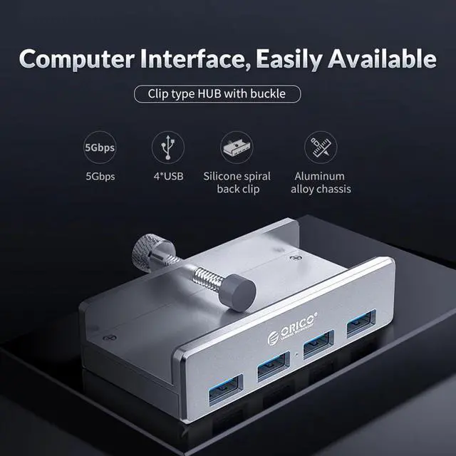 Alt view image 3 of 5 - MH4PU-P USB Hub Aluminum External 4Ports USB 3.0 Usb Splitter with 10-30mm Adjustable Clip for Macbook Desktop Laptop PC