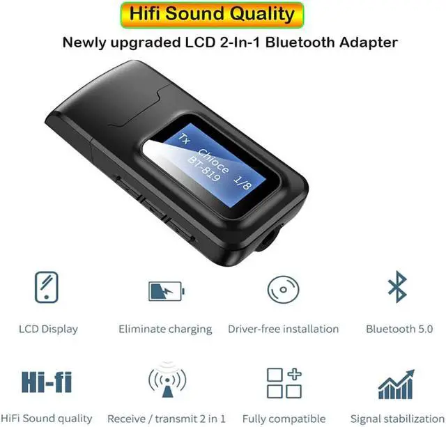 Alt view image 3 of 5 - USB Bluetooth 5.0 Audio Music Receiver Transmitter for TV Speaker Car PC 3.5mm Jack Stereo AUX Wireless Adapter with LCD Display