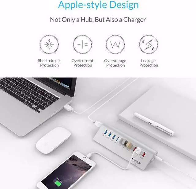 Alt view image 2 of 5 - USB HUB with Charging Function 7 Port USB3.0 Slope Design HUB 5Gbps 5V Charging Port With 12V Power Adapter For Phone/PC