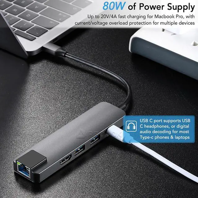 Alt view image 5 of 5 - 4K USB Type C Hub to Gigat Ethernet Rj45 Lan 5 in 1 USBC Hub to USB3.0 Adapter for Mac book Pro Thunderbolt 3 Converter