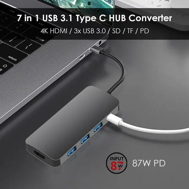 Alt view image 4 of 5 - 7 in 1 USB 3.1 Type C HUB Converter 4K 3x USB 3.0 SD TF Card Reader 87W PD Fast Charging Dock Adapter for Laptop Phone
