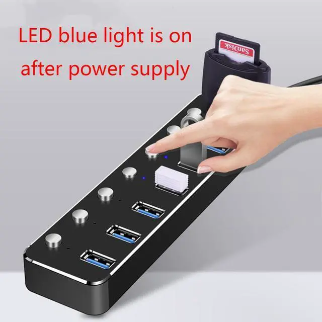 Alt view image 5 of 5 - Alloy USB 3.0 Hub High Speed Powered 7 Port USB Extender Splitter with Individual On/Off Switches for Laptop