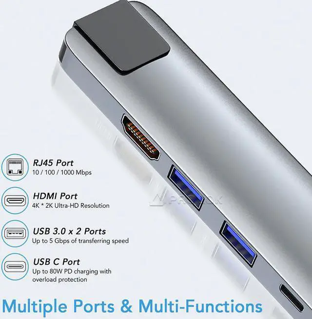 Alt view image 2 of 5 - 4K USB Type C Hub to Gigat Ethernet Rj45 Lan 5 in 1 USBC Hub to USB3.0 Adapter for Mac book Pro Thunderbolt 3 Converter