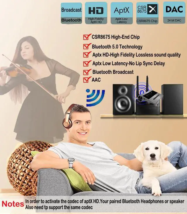 Alt view image 2 of 5 - Bluetooth 5.0 Audio Transmitter Receiver AptX HD Low Latency PC TV Car Wireless Adapter 3.5MM AUX RCA SPDIF,Pair More