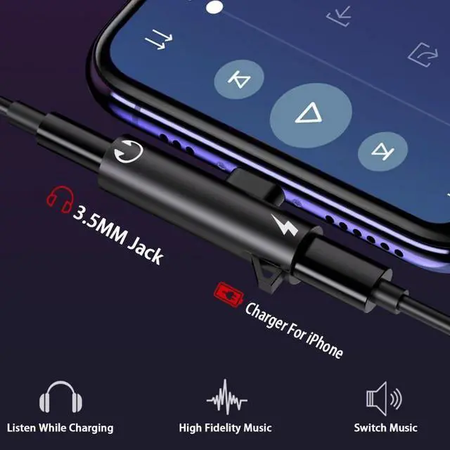 Alt view image 3 of 5 - For Lightning To 3.5mm Jack Adapter 2 in 1 Headphone Audio Music Play And Charger For  iPhone X 7 8 Plus Aux Cable Splitter