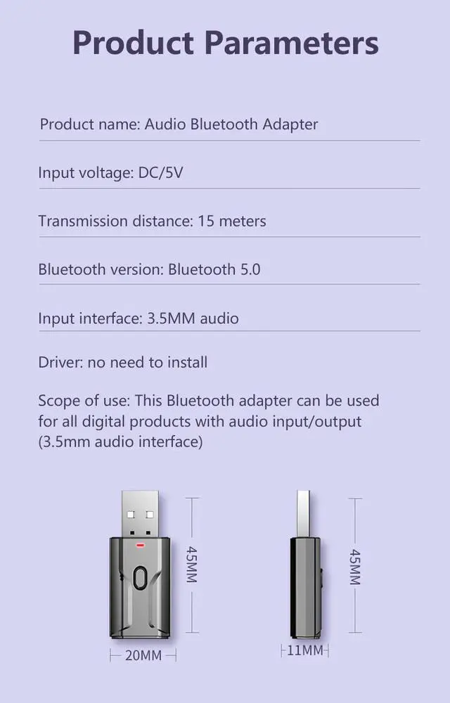 Alt view image 4 of 5 - 2 In 1 Wireless Bluetooth 5.0 Receiver USB Adapter 3.5mm Audio Receiver/transmitter For TV PC Car AUX Speaker Plug And Play