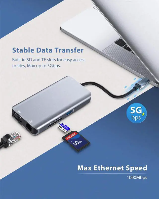 Alt view image 2 of 5 - 2020 USB Hubs 10 in 1 USB C Hub With 4K USB 3.0 Port SD/TF Card Reader VGA RJ45 Gigat Ethernet Type C HUB For Macbook Pro