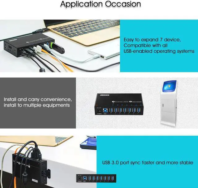 Alt view image 5 of 5 - 7 port usb 3.0 metal charger hub mounting ears bracket LED indicator and 12V3A 36W power adapter