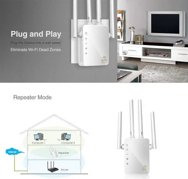 Alt view image 2 of 5 - Wireless Wifi Repeater Router 1200Mbps Dual-Band 2.4/5G 4Antenna Wi-Fi Range Extender Routers Home Network RJ45 Ethernet