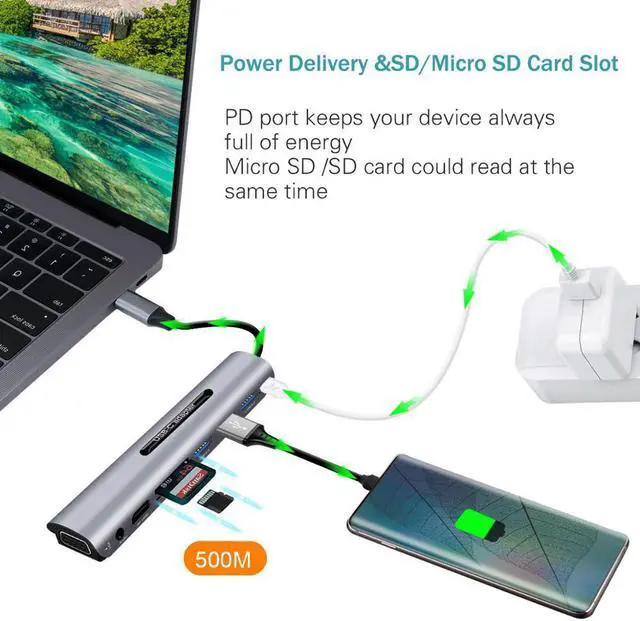 Alt view image 2 of 5 - 9 Ports USB C HUB to  VGA RJ45 Gigat Ethernet Power Adapter Dock PD Charger for MacBook Pro Air Multi Type C HUB