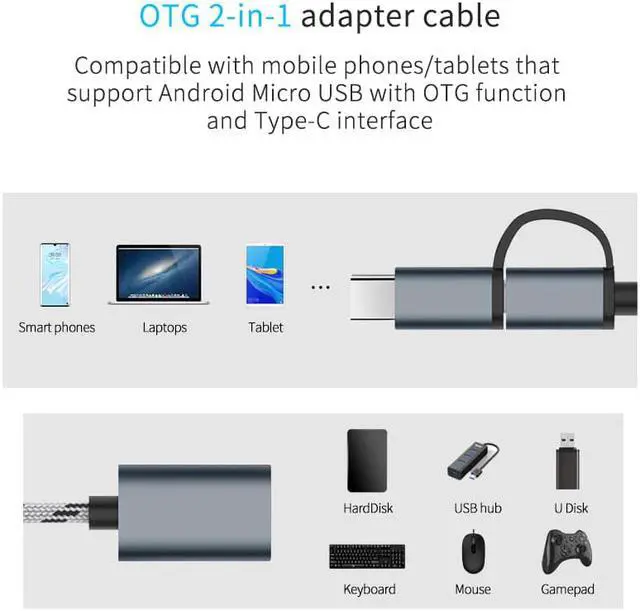 Alt view image 2 of 5 - 2-in-1 OTG adapter cable nylon braided USB 2.0 to Micro USB Type C  sync adapter, 2-in-1 OTG adapter for  MacBook