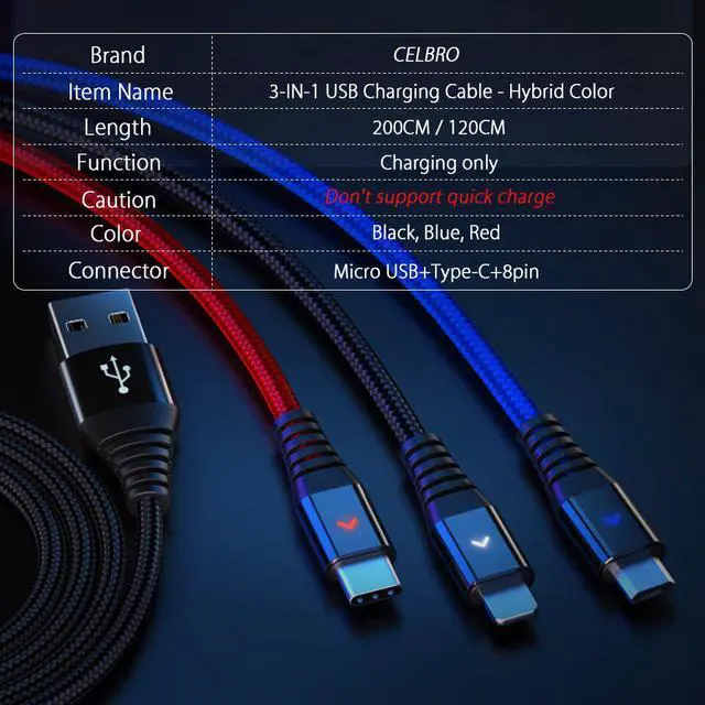 Alt view image 4 of 5 - Micro USB Cable USB 3 In 1 Type C Charger Micreusb Cable Type-C LED Universal Mole Phone Charging Wire Cord for