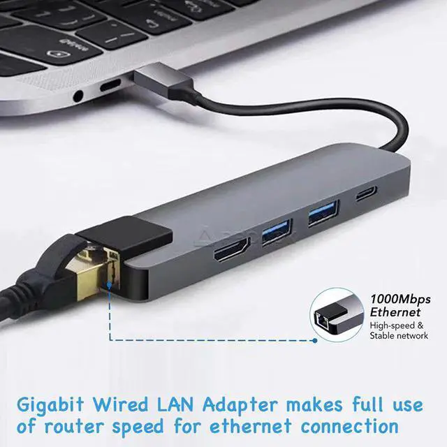 Alt view image 3 of 5 - 4K USB Type C Hub to Gigat Ethernet Rj45 Lan 5 in 1 USBC Hub to USB3.0 Adapter for Mac book Pro Thunderbolt 3 Converter