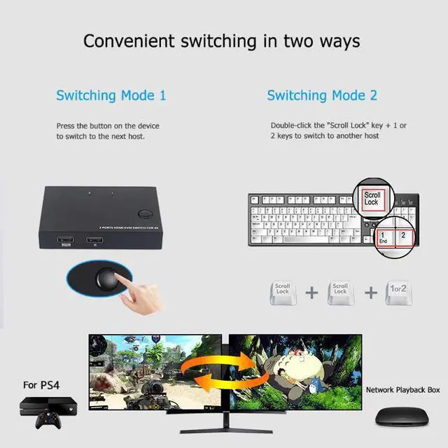 Alt view image 2 of 5 - 2/4 Ports USB KVM Switcher Splitter Box 4K Video Display USB KVM Switch Box for Sharing Printer Keyboard Mouse