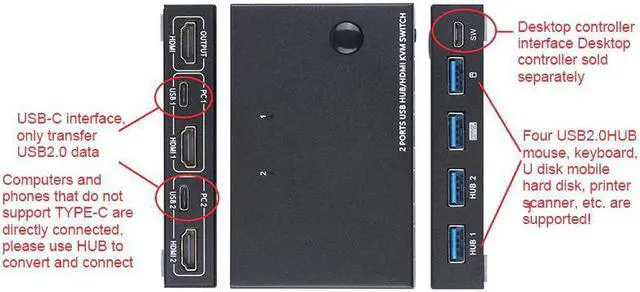 Alt view image 4 of 7 - 4 Ports Splitter Box USB 2.0 Accessories Hub Sharing For Computer Metal KVM Switch Plug And Play Stable Displayport VGA