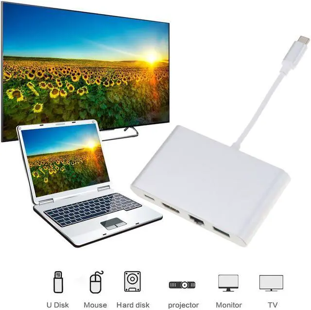 Alt view image 4 of 5 - New 4 in 1 USB-C Hub Adapter USB 3.1 Type C to 4K RJ45 Port USB 3.0 USB 3.1 Converter for Macbook HDTV For