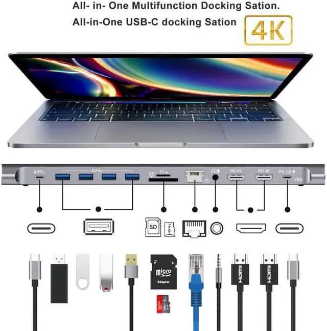 Alt view image 5 of 5 - 12-in-1 Docking Station USB C to  USB 3.0 Hub SD TF Dock Station for MacBook Dell   Type C Laptop Docking Station