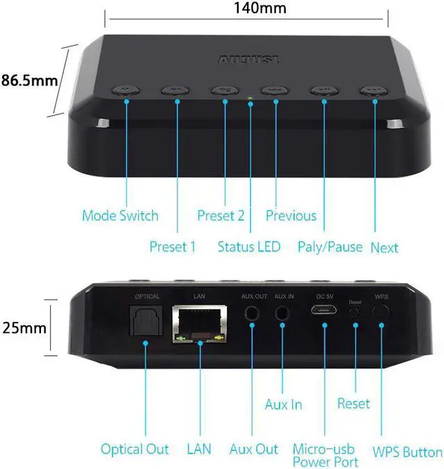 Alt view image 4 of 5 - WR320 WIFI Bluetooth Audio Receiver Wireless Music Optical Adapter for Airplay Spotify DLNA NAS Multiroom Sound Stream