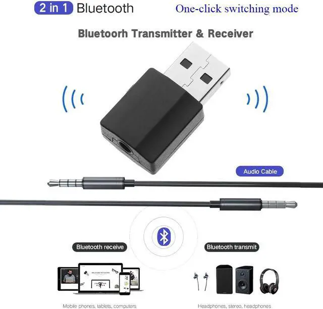Alt view image 5 of 5 - Switching Bluetooth 5.0 Adapter USB Transmitter Receiver 2 in 1 3.5mm Stereo Audio Adapter Wireless Digital Devices