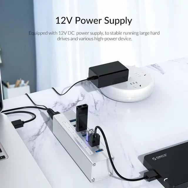 Alt view image 3 of 5 - Super Speed USB HUB Aluminum 7 Port USB3.0 Splitter Support BC1.2 Charging with 12V Power Adapter for MacBook Pro Laptop