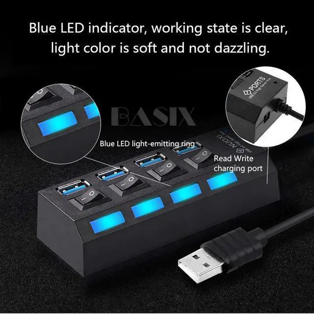 Alt view image 2 of 5 - USB HUB 2.0/3.0 4 Port USB Splitter with Power Port Adapter USB Splitter with On/Off Switch for Windows 7/8/10 Laptop Hub