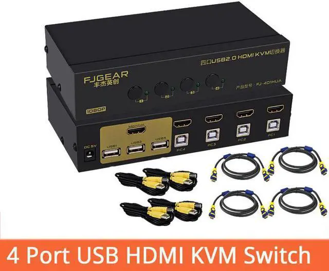 Main image of 4 Port  Kvm Switch USB Auto Hd  4 in 1out Switch Monitor Keyboard Mouse Sharer With Power Supply Send Cables FJ-401HUA
