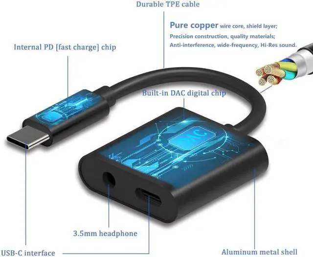 Alt view image 5 of 5 - C Aux Audio Cable Adapter USB C to 3.5mm Headphone Jack PD Fast Charger Adapter For Google Pixel 2 Essential