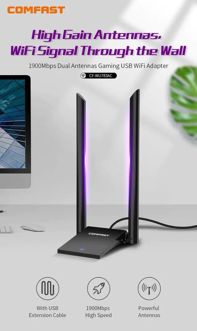 Alt view image 5 of 5 - RTL8814AU 802.11 b/g/n/ac 1900Mbps USB3.0 Wireless WiFi Adapter 2x6dBi WiFi Antenna for Windows 7/8/10 AC Gigabit Dongle Adaptor