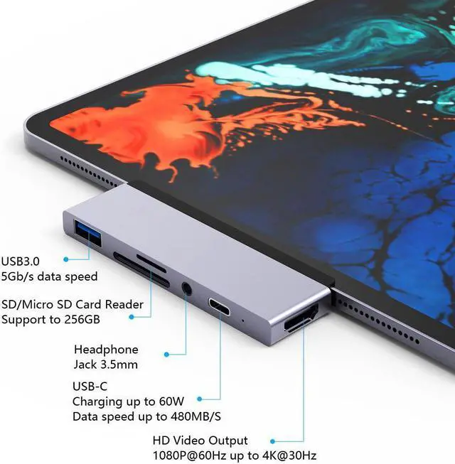 Alt view image 4 of 5 - 6 in1 USB-C HUB Type-C to USB 3.0 SD/Micro SD 3.5mm HD Laptop PC Adapter Converter Suitable for iPad Pro2018/2020 Plug and Play