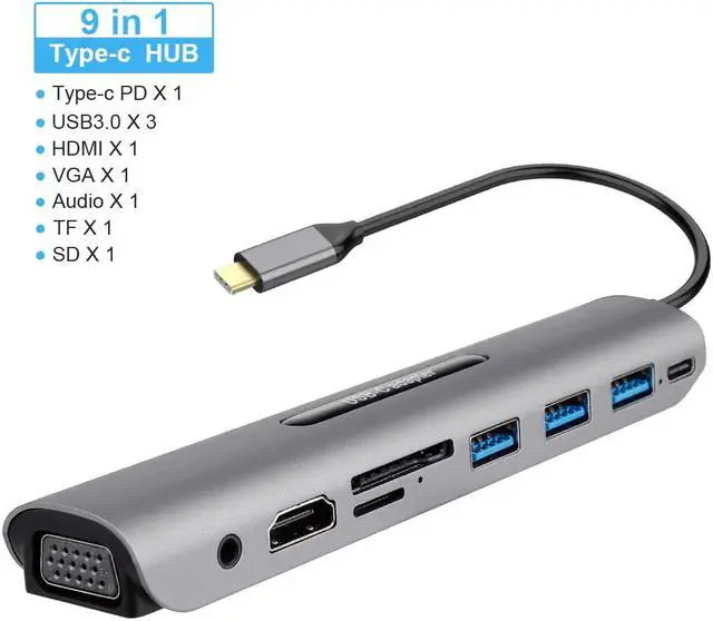 Alt view image 4 of 5 - 9 Ports USB C HUB to  VGA RJ45 Gigat Ethernet Power Adapter Dock PD Charger for MacBook Pro Air Multi Type C HUB