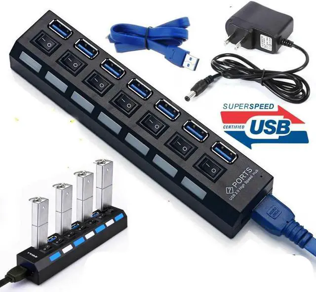 Alt view image 2 of 5 - 7 Port USB 3.0 HUB High Speed Splitter Expansion Adapter PC Laptop PS4 w/ Switch Use Power Adapter computer accessories for pc