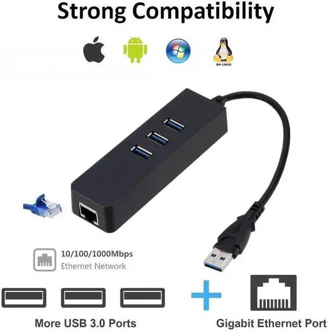 Alt view image 2 of 5 - Portable 3 Port USB 3.0 Hub 1000Mbps Gigat Ethernet Adapter USB to RJ45 Lan Network Card for Windows laptop Adapter