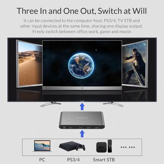 Alt view image 4 of 5 - 2.0 Splitter Switch 3 Port 4K 60Hz 1080P Aluminum Switcher 3 in 1 Out With IR Remote Control for DVD TV Xbox PS3/4