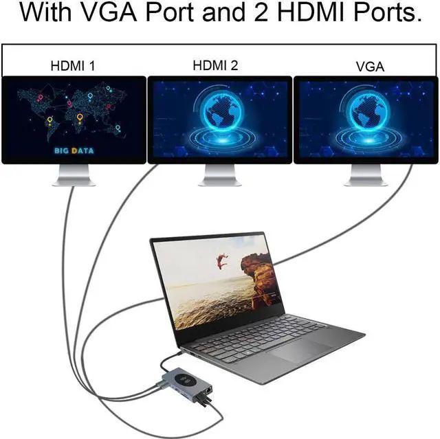 Alt view image 2 of 5 - C Hub 14 in 1 VGA Triple Display USB HUB 3.0 Adapter Dock for Pro Card Reader USB C HUB