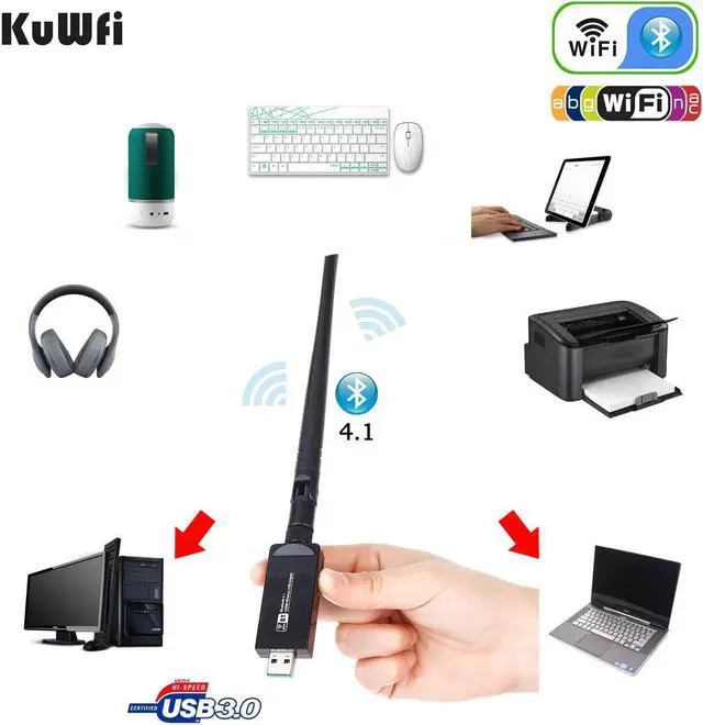 Alt view image 4 of 5 - Wireless WiFi Bluetooth Adapter AC1200 USB 3.0 WiFi Dongle Dual Band 2.4G/5.8G Network Adapter & Bluetooth 4.1 Transmitter