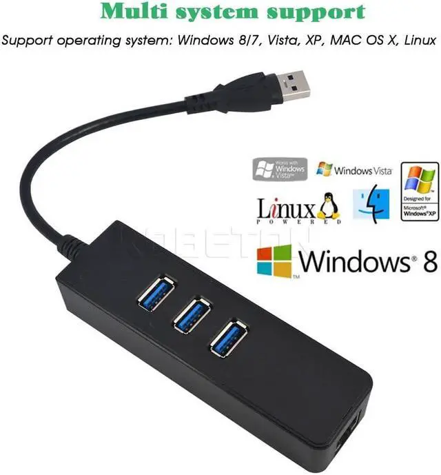 Alt view image 3 of 5 - High Speed 3 Ports USB 3.0 Hub 10/100/1000 Mbps To RJ45 Gigat Ethernet LAN Wired Network Adapter Converter For Windows Mac