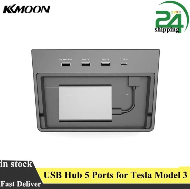 Hub USB Pour Tesla Model 3 - 5 Ports (3 USB-A, 1 USB-C, 1 Caché) - Boîtier De Rangement Console Centrale - Compatible Dashcam - 6