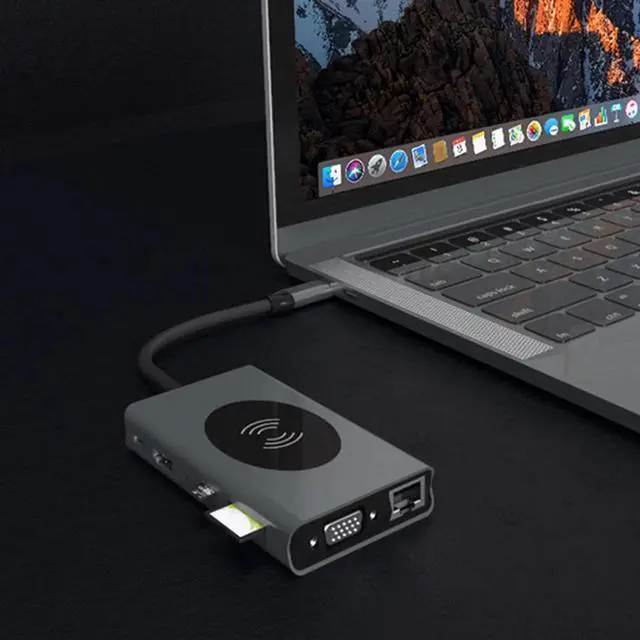 Alt view image 4 of 5 - 13 in 1 Aluminum Alloy USB Type C to USB3.0 VGA RJ45 HDMI PD Audio3.5 TF 10W Wireless Charger Hub Adapter USB Docking Station