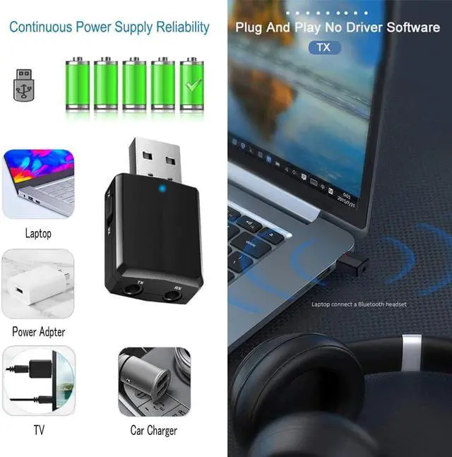 Alt view image 4 of 5 - USB Bluetooth 5.0 Transmitter Receiver BT 3.5 mm AUX Jack 3 IN 1 Stereo Audio Music Wireless Bluetooth Adapter For TV Car