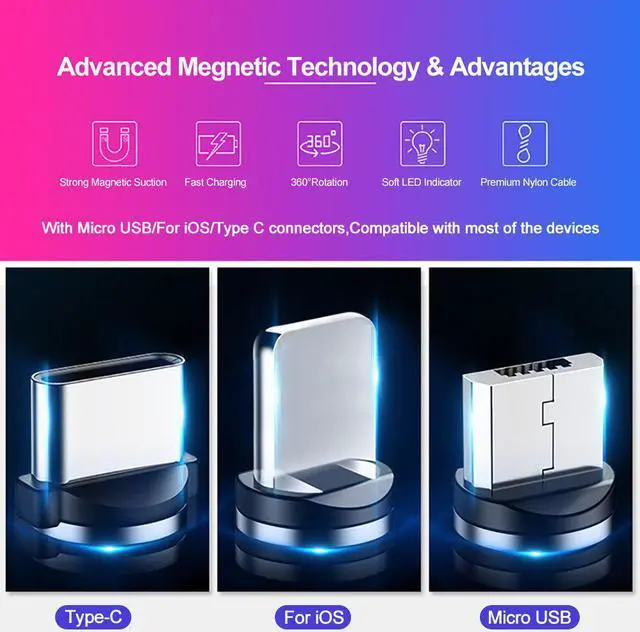 Alt view image 4 of 5 - 1M LED Magnetic USB Cable for iPhone Xs 6 & USB Type C Cable & Micro USB  Nylon Braided for    USB C