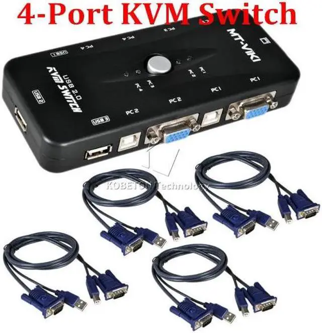 Main image of 4 Port USB 2.0 KVM VGA SVGA Switch Hub Box Selector  with 4pcs KVM VGA Cable for PC Keyboard Mouse Monitor