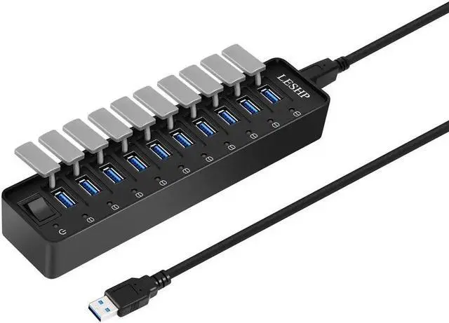 Main image of 10 Ports USB 3.0 Hub High Speed 5Gbps USB 3.0  Hub Splitter with LED & Switch External Power Adapter for PC Laptop US Plug