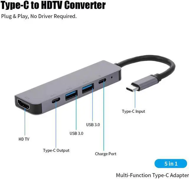 Alt view image 2 of 5 - 5-Port 5IN1 Type-C to PD USB*2 HDTV TypeC Adapter Multi-Function Converter 4K for Macbook HDTV Projector Plug & Play usb hubs