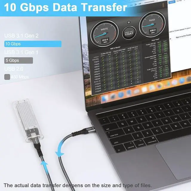 Alt view image 3 of 5 - 100W USB Type C to USB C 3.1Cable for  Type-C PD Fast Quick Charge 3.0 USB-C Cable for MacBook  10Gbps USBC