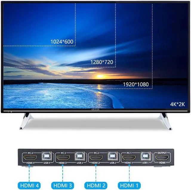 Alt view image 5 of 5 - 2/4 Ports USB KVM Switcher Splitter Box 4K Video Display USB KVM Switch Box for Sharing Printer Keyboard Mouse