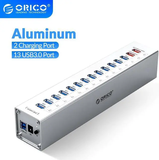 Main image of A3H13P2-SV Aluminum 13 Ports Multi USB3.0 HUB Splitter with 2 Charging Ports 5V2.4A Super Charger / 5V1A Universal Silver