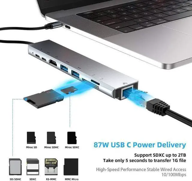 Alt view image 4 of 5 - 8 in 1 Type-C HUB USB-C to 4K 2 USB3.0 RJ45 PD TF Memory Card Converter Adapter Extension Docking Station for PC Notebook