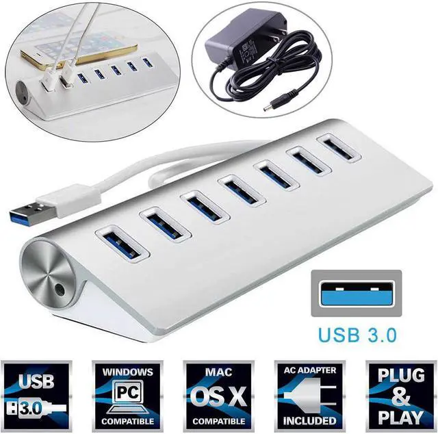 Main image of 7 Port Aluminum USB 3.0 HUB 5Gbps High Speed +AC Power Adapter For PC Laptop Mac US EU UK plug